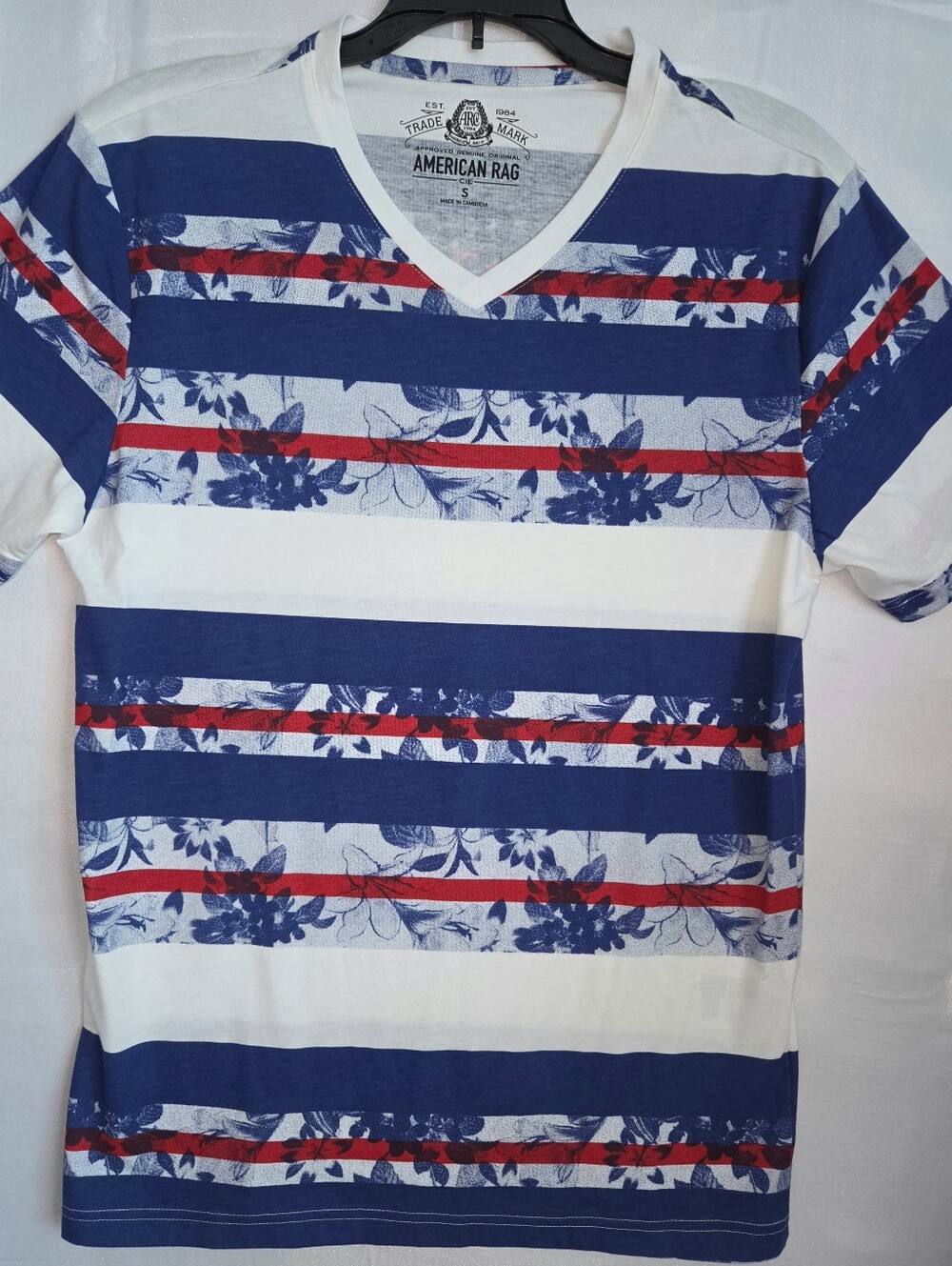 American Rag Blue, Red & White Striped V-Neck Tee. S